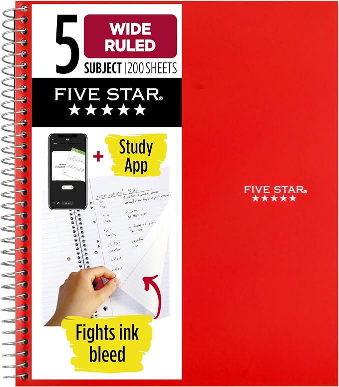 Five Star Spiral Notebook + Study App, 5 Subject, Wide Ruled Paper, 200 Sheets by FiveStar