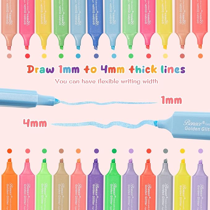 24 Glitter Highlighters, Metallic Chisel Tip Marker Pens | Pastel & Fluorescent - Image 3