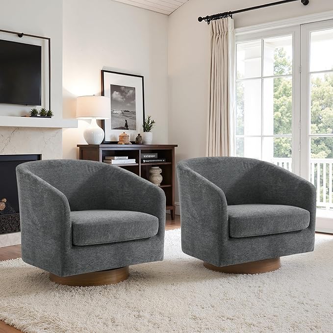 UIXE Swivel Accent Chairs Set of 2, Chenille Upholstered Barrel Chair for Living Room, Comfy Round Armchair Single Sofa Bedroom Reading Seat - 31" W, Gray-DeskLoop Office