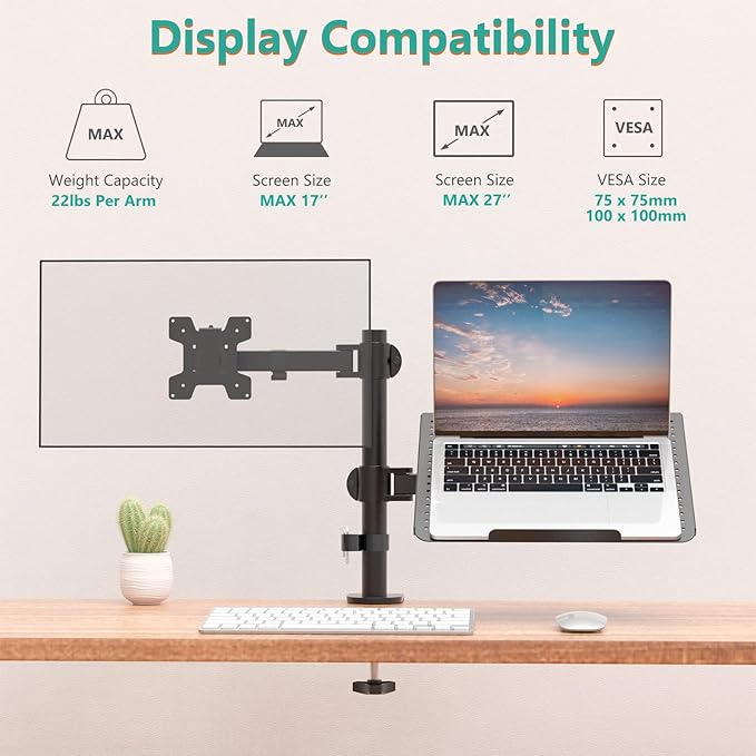 WALI Laptop and Monitor Stand, Fully Adjustable Monitor Mount and Laptop Tray for 1 Notebook up to 17 inch and 1 Screen up to 27 inch, 22 lbs, Weight Capacity (M001LP), Black-DeskLoop Office