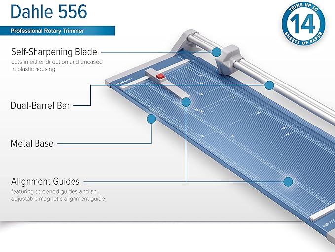 Dahle 556 Professional Rotary Trimmer, 37" Cut Length, 14 Sheet Capacity, Self-Sharpening, Dual Guide Bar, Automatic Clamp, German Engineered Paper Cutter-DeskLoop Office