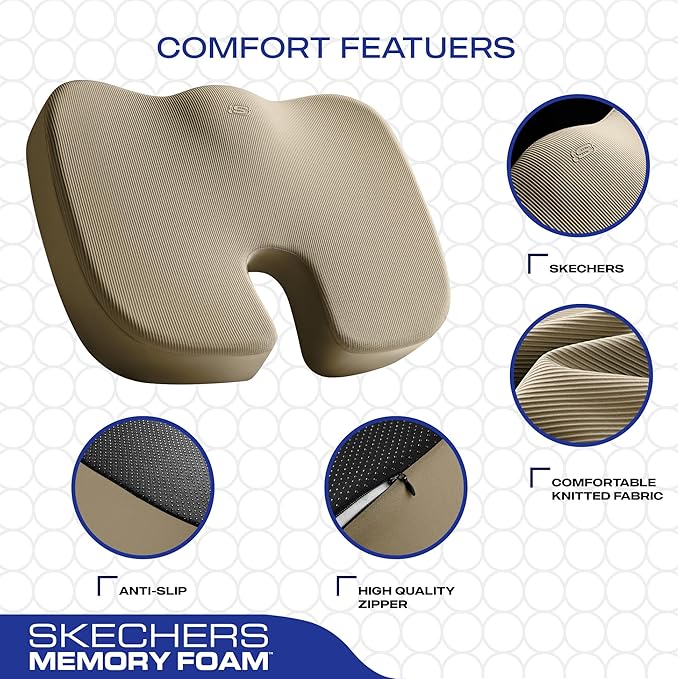 Skechers Memory Foam Seat Cushion,Office Chair Cushion for Tailbone Pain Relief,Butt Pillow for Office Chair,Car seat Cushion,Computer Desk,Long Sitting Office Workers,and Car Drivers,Beige-DeskLoop Office