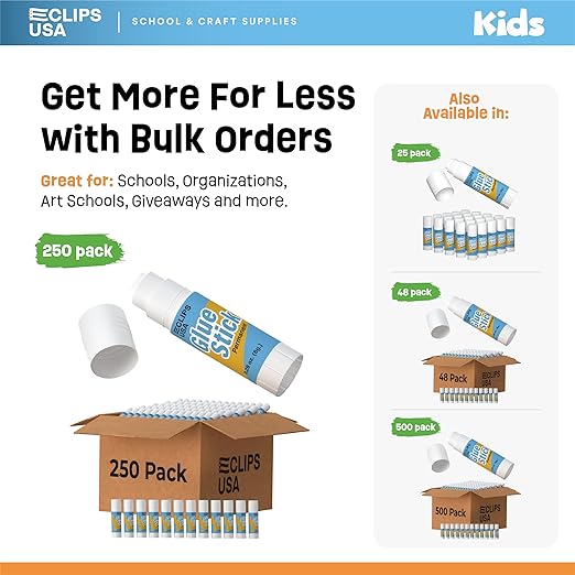 Glue Sticks Bulk (250 Pack), Washable Glue Sticks for Kids, Craft Glue for School Supplies, .28 oz, 8 Grams (250 Pack)-DeskLoop Office