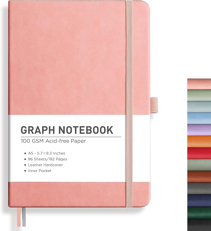 RETTACY Graph Grid Paper Notebook, 192 Pages, A5 Medium Size (5.7'' x 8.3''), 5 Squares per Inch, Leather Hardcover, 100 GSM Thick Paper, for School, Students, Math, Engineering (Pink)-DeskLoop Office
