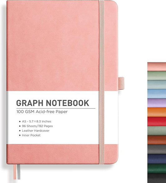 RETTACY Graph Grid Paper Notebook, 192 Pages, A5 Medium Size (5.7'' x 8.3''), 5 Squares per Inch, Leather Hardcover, 100 GSM Thick Paper, for School, Students, Math, Engineering (Pink)-DeskLoop Office