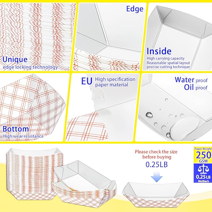 100 Pack Checkered 1/4Lb Small Paper Food Boat Trays, Mini Disposable Paper - Image 3