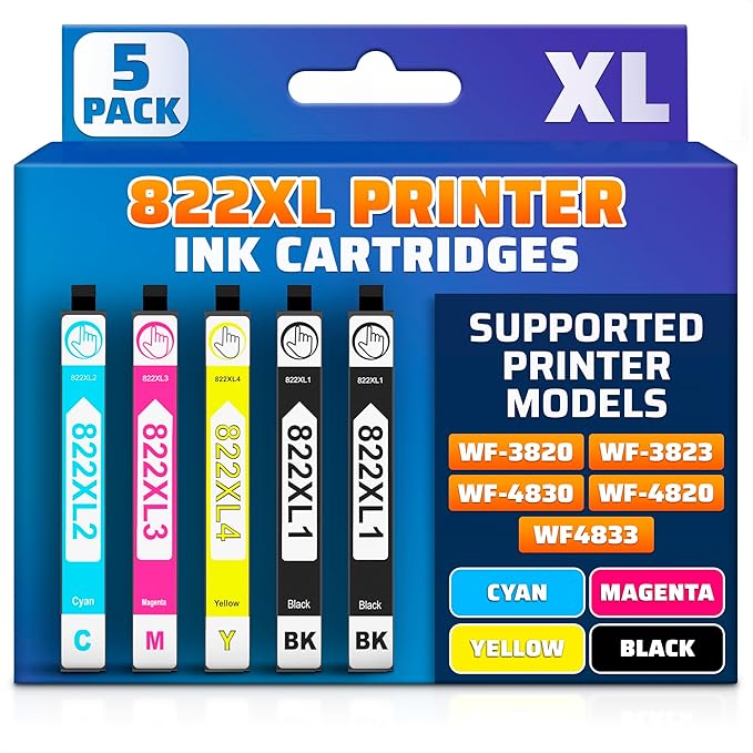 Reluen 5-Pcs 822XL Printer Ink Cartridges – High Capacity 2 Black & 3 Standard Color Combo Pack – Easy to Install and Compatible with WF-3820, WF-3823, WF-4820, WF-4830, WF-4833, WF-4834 Printers-DeskLoop Office