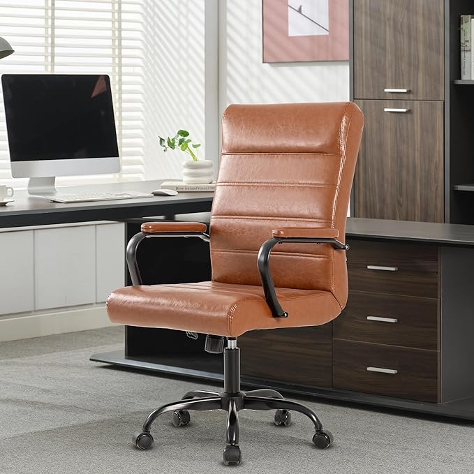 Office Desk Chair,Modern Leather Conference Room Chairs,High Back Home ofiice Chair,Adjustable Height Swivel Executive Computer Chair with Padded Seat and Armrest (Brown with Black Frame)-DeskLoop Office