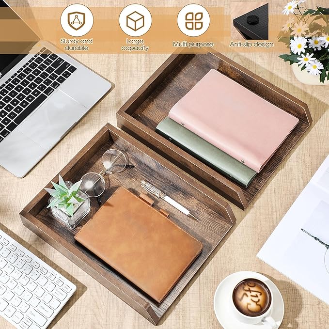 DoubleFill 2 Pcs Wooden Letter Trays 2 Tier Desktop Paper Organizer Wood - Image 4