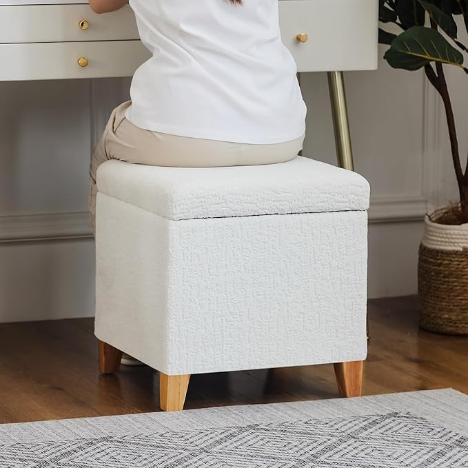 Adeco 18 Inch High Faux Fur White Cube Ottoman Storage, 3D Embossed Velvet Chair Foot Stools, Upholstered Vanity Stool with Hinged Lid, Solid Wood Legs-DeskLoop Office