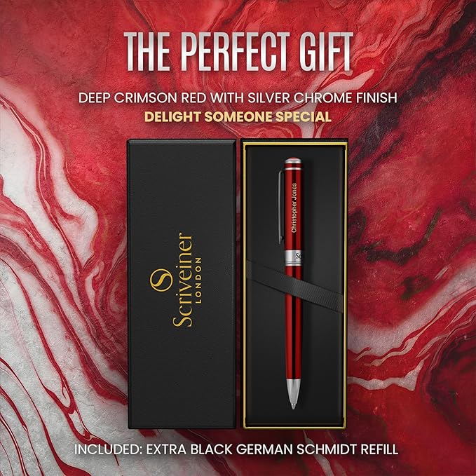 Scriveiner Personalized Deep Crimson Red Pen - Stunning Red Lacquer Luxury Pen with Chrome Finish, Schmidt Ink Refill, Best Engraved Ball Point Gift Set for Men & Women, Custom Name Engraving-DeskLoop Office