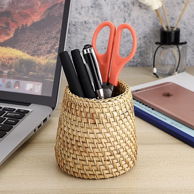 BTSKY Rattan Pen Cup, Handmade Desk Pencil Holders Makeup Brush Holder - Image 7