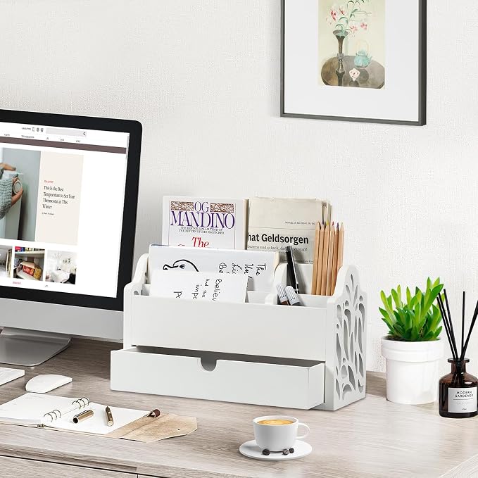 Desk Organizer with Drawer Wood File Office Mail Organizer Countertop-5 Slot - Image 2