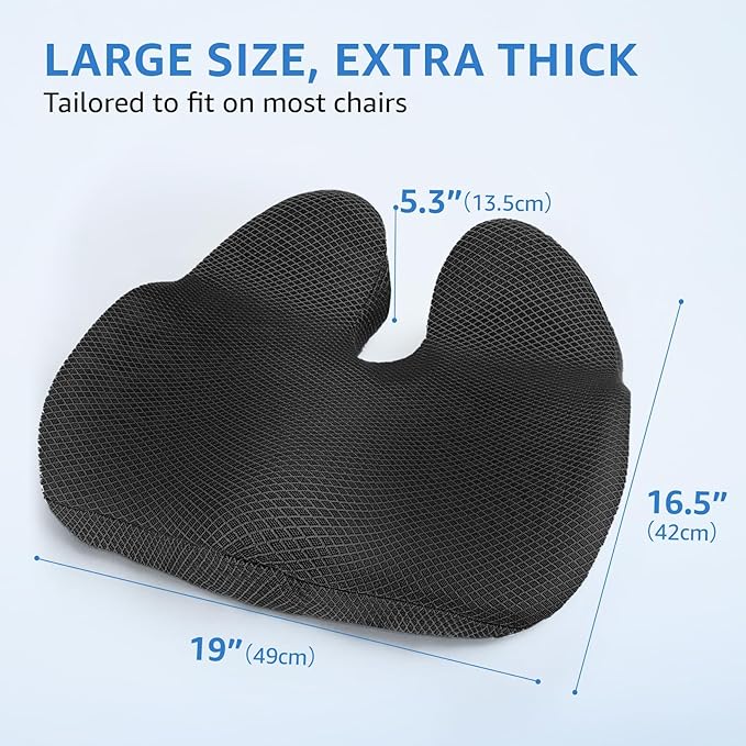 Extra Large Office Chair Cushion, 19" x 17" Ergonomic Memory Foam Seat Cushion for Tailbone, Back, Sciatica & Hip Pain Relief, Booster Pad for Sitting & Driving, Removable Washable Cover, Black-DeskLoop Office