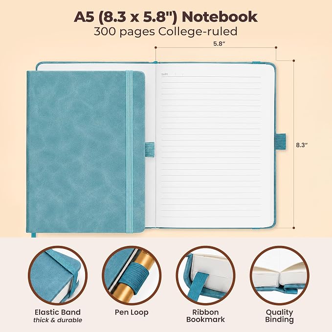 A5 Leather Notebook Journal Light Blue Lined Thick 300 Pages 5.8x8.3" | Leather - Image 3