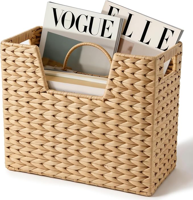 Wicker Magazine Basket with Handle, Water Hyacinth Magazine Holder with 2 by deepredcoast