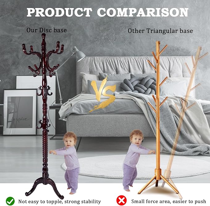 Coat Racks FreeStanding with 14 Hooks, Natural Wood Coat Rack with Solid Round Base, Adjustable Height Coat Racks, Easy Assembly for Hallway, Bedroom and Office (Reddish brown-Tri-Legged Base)-DeskLoop Office