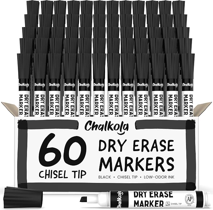 Chalkola 60 Black Dry Erase Markers Bulk Pack, Back to School Supplies by Chalkola