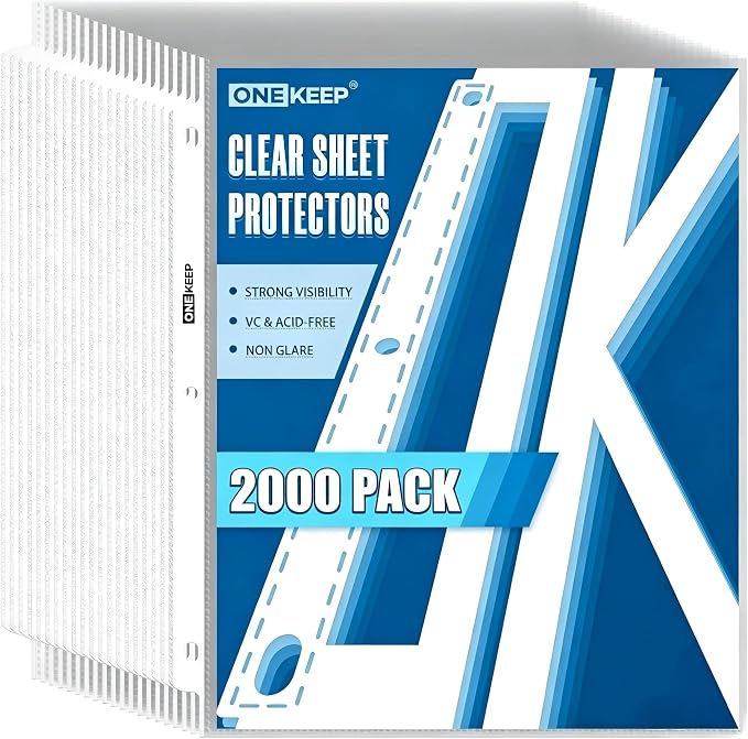 2000 Pack Clear Sheet Protectors, Top Loading 3-Hole Punched Pages by ONEKEEP