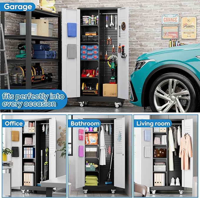 Garage Storage Cabinet with Wheels, Metal Tool Cabinet with Pegboards and 4 Adjustable Shelves, Garage Storage System with Lockable Door for Shools, Offices, Gyms and Pantries, Black and White-DeskLoop Office