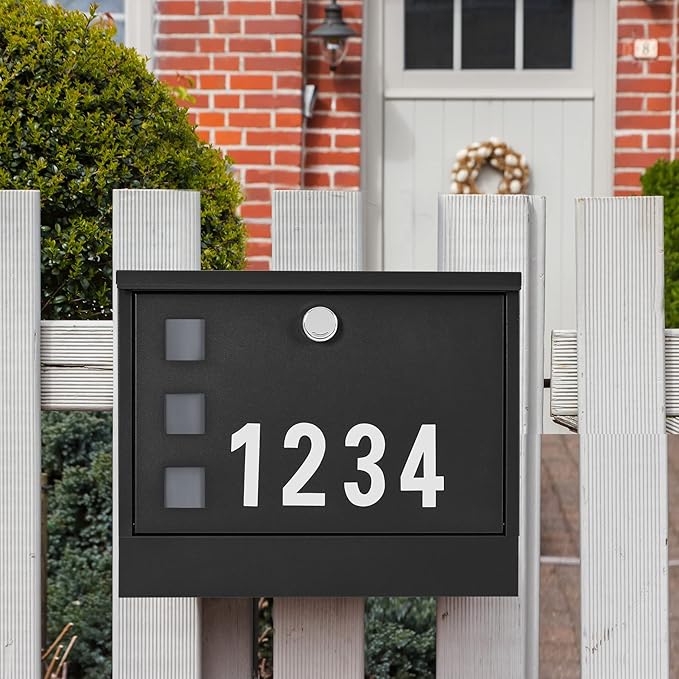 LAND·VOI Locking Mailbox Wall Mounted, Metal Postbox with Three Sets of Mail Box Number Stickers, 4 Keys, 14.4" x 4.5" x 11.2", Large Capacity, Black, AMB11B-DeskLoop Office