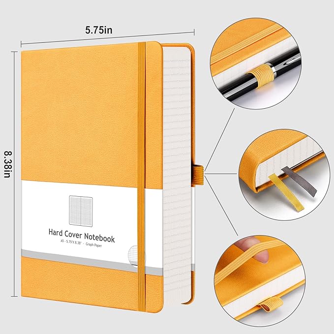 AHGXG Graph Paper Notebook - 320 Pages Grid Notebook Thick Journal A5, 100gsm Thick Graph Paper, Leather Hardcover, Inner Pocket,5.75'' × 8.38''- Yellow-DeskLoop Office