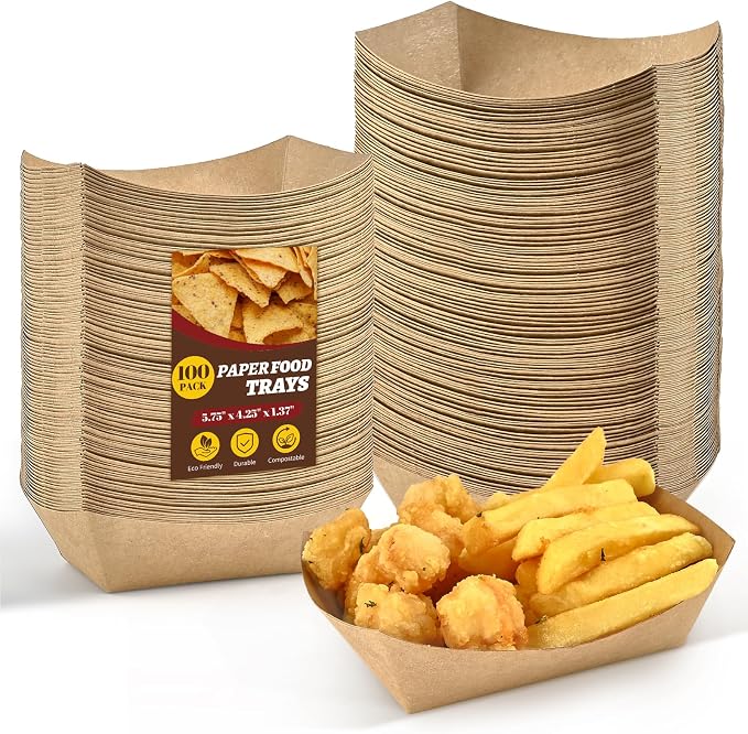 Ocmoiy 1lb Paper Food Trays, 100 Pack Heavy Duty Kraft Food Boats Holders by Ocmoiy