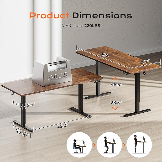 Huuger 63 x 28 Large Electric Standing Desk, Height Adjustable Computer Desk, 27.6" Deep Desktop, Stand up Gaming Office Table with 2 Hooks, 3 Preset Heights, for Home Office, Rustic Brown-DeskLoop Office