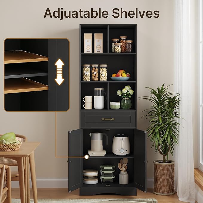 Gizoon 71'' Tall Storage Cabinet, Kitchen Pantry Cabinet with Doors & Drawers, Wooden Storage Organizer for Living Room, Office, Kitchen, with Adjustable Shelves, Anti-tip, Metal Handle, Black-DeskLoop Office