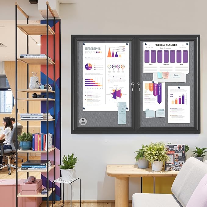 Weatherproof Enclosed Bulletin Board 44x32 Inch, Lockable Wall-Mounted Outdoor Grey Felt Noticeboard, Aluminum Frame Weather-Resistant Display Case for Office, School, Community-DeskLoop Office