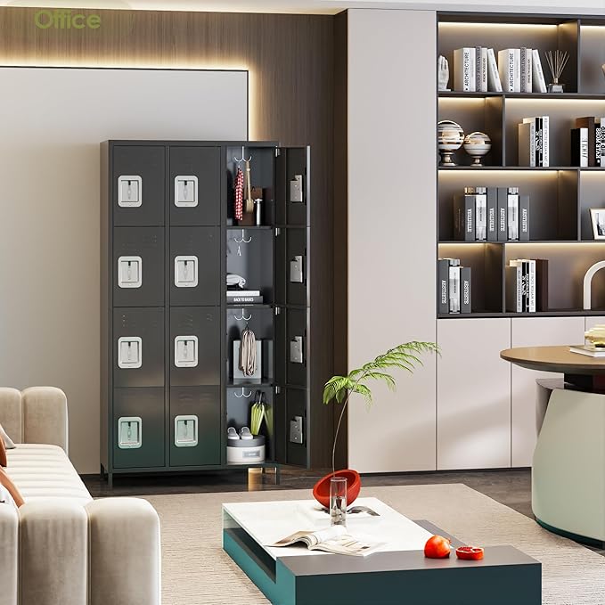 Metal Lockers for Employees with 12 Door and 12 Hooks,Metal Storage Locker with Lock for School Office Gym Bedroom,Assembly Required,Dark Grey-DeskLoop Office