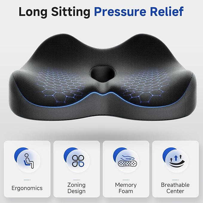 Benazcap Memory Foam Office Chair Cushion, Ergonomic Seat Cushion for Sciatica & Tailbone Pain Relief for Long Sitting for Gaming Chair and Car Seat- Black&Gray-DeskLoop Office