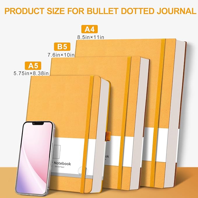 AHGXG Bullet Dotted Journal - 320 Pages Dot Grid Notebook B5 Large Journal, 7.6'' X 10'', 100gsm Thick Dotted Paper, Leather Softcover, with Journal Stencils, Inner Pocket - Yellow-DeskLoop Office