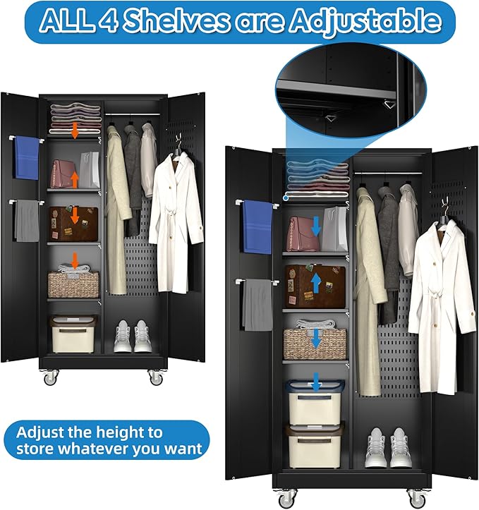 Garage Storage Cabinet with Wheels, Metal Tool Cabinet with Pegboards and 4 Adjustable Shelves, Garage Storage System with Lockable Door for Shools, Offices, Gyms and Pantries, Black-DeskLoop Office