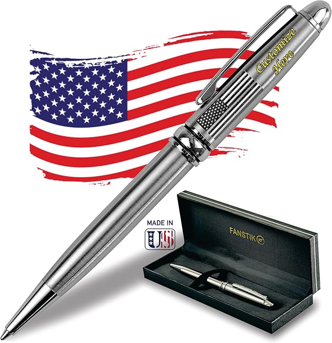 Customized BallPoint pen with name and US Flag (MADE IN USA), stainless steel, silver, luxury engraved pen personalized for men and for women. (BallPoint US-Flag)-DeskLoop Office
