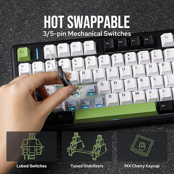 EPOMAKER X Aula F99 PRO Wireless Gaming Keyboard with 8000mAh Battery, Hot Swappable Creamy Keyboard, 2.4GHz/Type-C/BT5.0, NKRO, RGB Backlit for Win/Mac/Gaming (Black&White&Green)-DeskLoop Office
