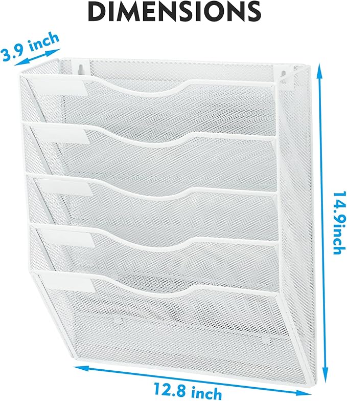 EASEPRES Magnetic 5 Pocket Mesh Hanging File Organizer, Wall Mounted Mail Paper Document Folder Holder, Clipboard Storage Organization Magazine Rack with Nametag Label for Office Home School, White-DeskLoop Office