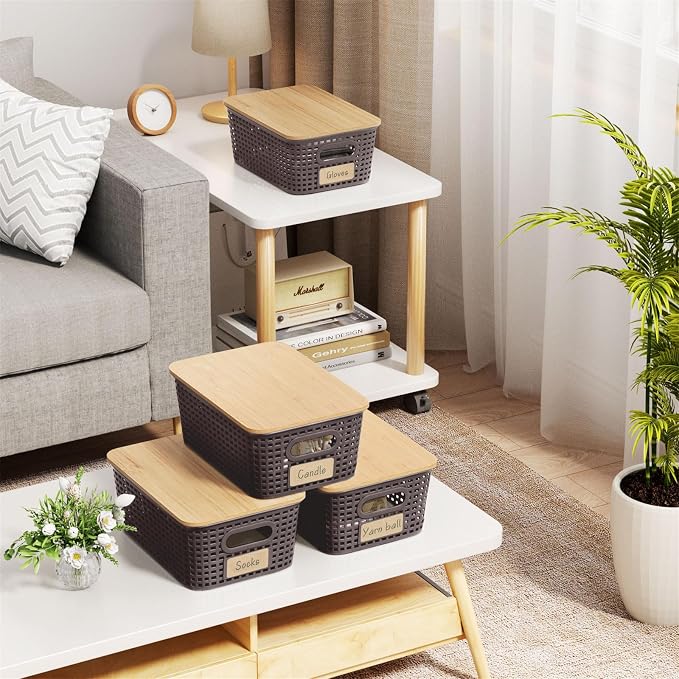 6Pcs Storage Bins with Lids, Stackable Plastic Storage Basket with Bamboo Lid - Image 7
