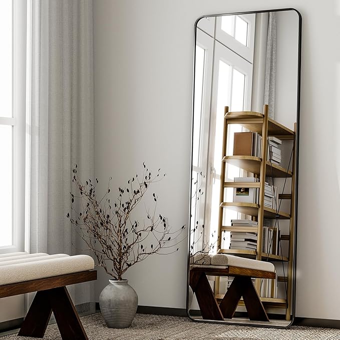 HARRITPURE 56" x 21" Rounded Full Length Mirror Aluminum Frame Black Mirror Full Length Floor Mirror with Stand for Living Room Bedroom Cloakroom-DeskLoop Office