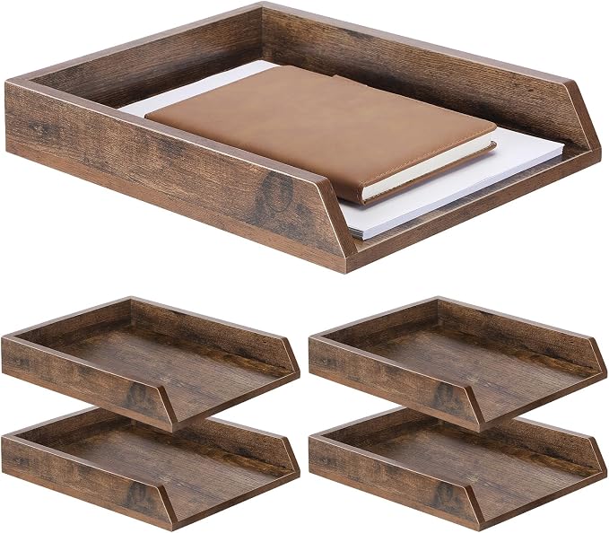 DoubleFill 4 Pcs Wooden Letter Trays 2 Tier Desktop Paper Organizer Wood by DoubleFill