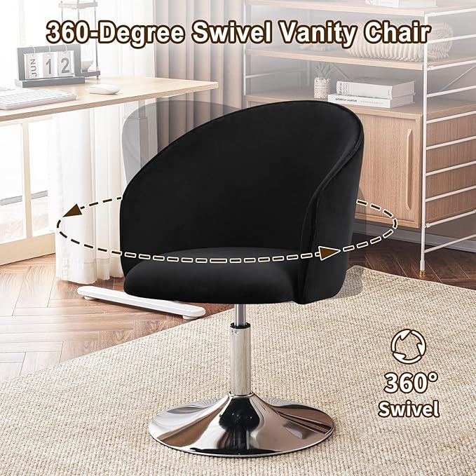 Furnimart Black Velvet Adjustable Height Vanity Chair, Swivel Makeup Chair for Living Room, Bedroom, Dressing Room-DeskLoop Office