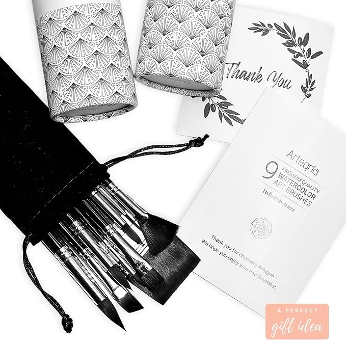 ARTEGRIA Watercolor Brush Set, 9 Professional Soft Synthetic Squirrel Paint Brushes, Including Round Detailers, Flat Wash, Rigger, Rake, Fan, Angled Shader-DeskLoop Office