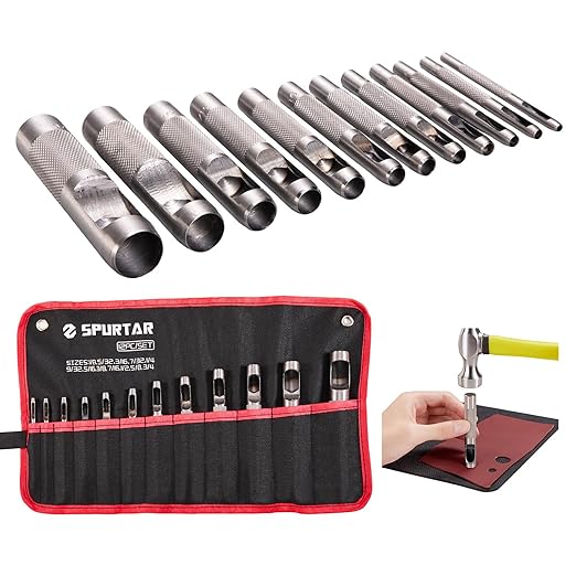Spurtar 12 PCS Steel Hollow Leather Punch Set 1/8''-3/4'' Heavy Duty Round Hole by Spurtar%C2%AE