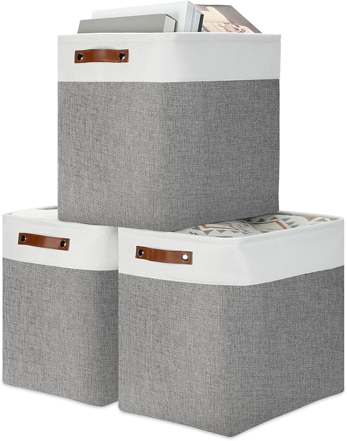 DULLEMELO Storage Baskets 17 inch Large Basket for Blanket Living Room, Foldable Storage Bins Baskets for Organizing [3 Pack] Blanket Storage Baskets Organizer for Home,Office,Closet(White&Grey)-DeskLoop Office