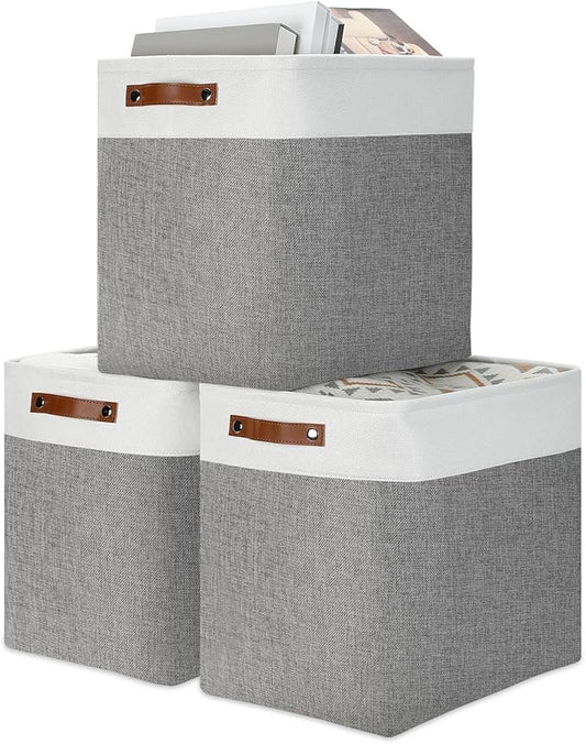 DULLEMELO Storage Baskets 17 inch Large Basket for Blanket Living Room, Foldable Storage Bins Baskets for Organizing [3 Pack] Blanket Storage Baskets Organizer for Home,Office,Closet(White&Grey)-DeskLoop Office