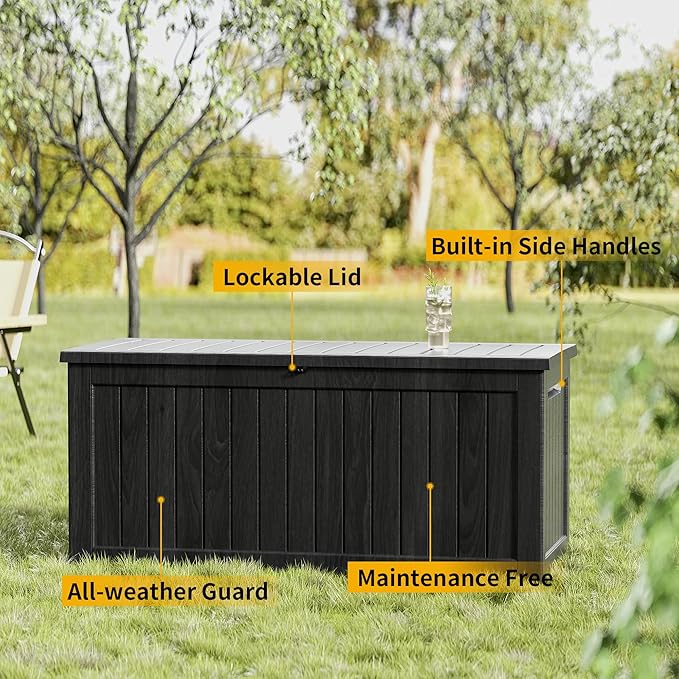 270 Gallon Outdoor Storage Box Patio Deck Box Waterproof, Resin Lockable Outside Large Storage Bin for Pool Cushion Furniture, Garden Tools UV-Resistant, Black-DeskLoop Office