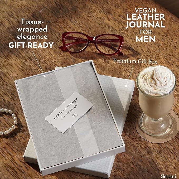 SETTINI® Lined Journal - Compass Journal for Writing Gift Set - Hardcover Vegan Leather, Includes Luxury Pen in a Unique Pen Holder, 192 Pages, 6 x 8.5 inches, Birthday Gift-DeskLoop Office