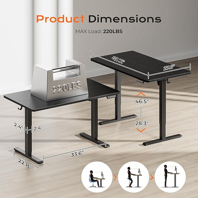 Huuger 48 x 28 Large Electric Standing Desk, Height Adjustable Desk, 27.6" Deep Desktop, Stand up Gaming, 2 Hooks, 3 Preset Heights, for Home Office, Black-DeskLoop Office