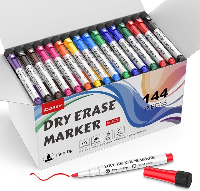 Comix Magnetic Dry Erase Markers, 12 Colors, 4 Sets of 36 Markers, 144 Markers by Comix