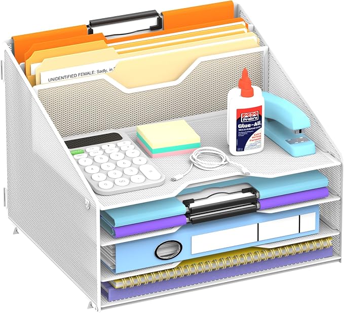 Desk File Organizer, 4 Letter Trays and 2 Upright Sections, school and by Unknown